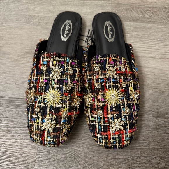 Shoes - NWOT Embellished Multicolor Tweed Slip-On Mules